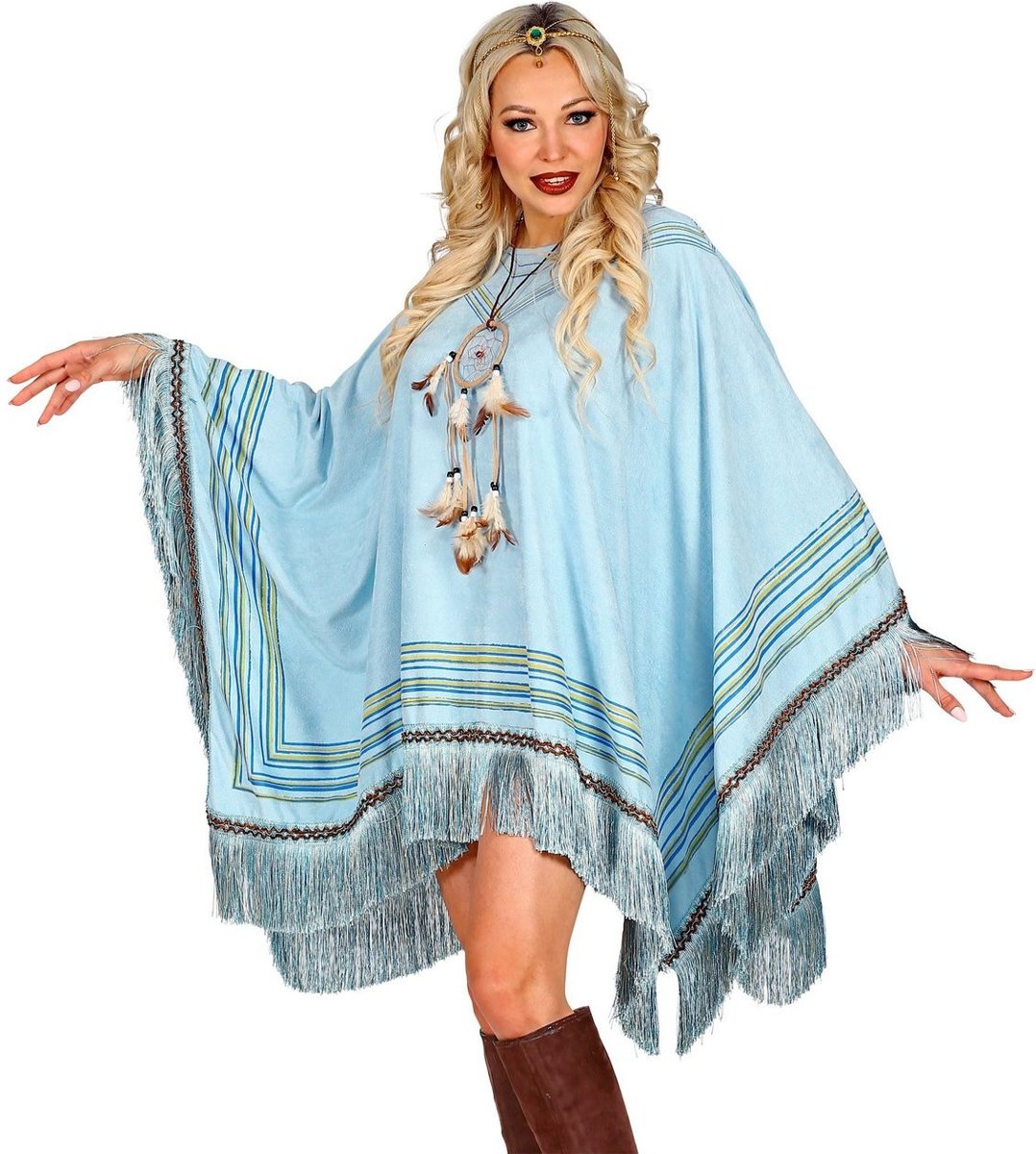 Indiaan Kostuum | Luxe Hemelsblauwe Indianen Poncho | One Size | Carnaval kostuum | Verkleedkleding